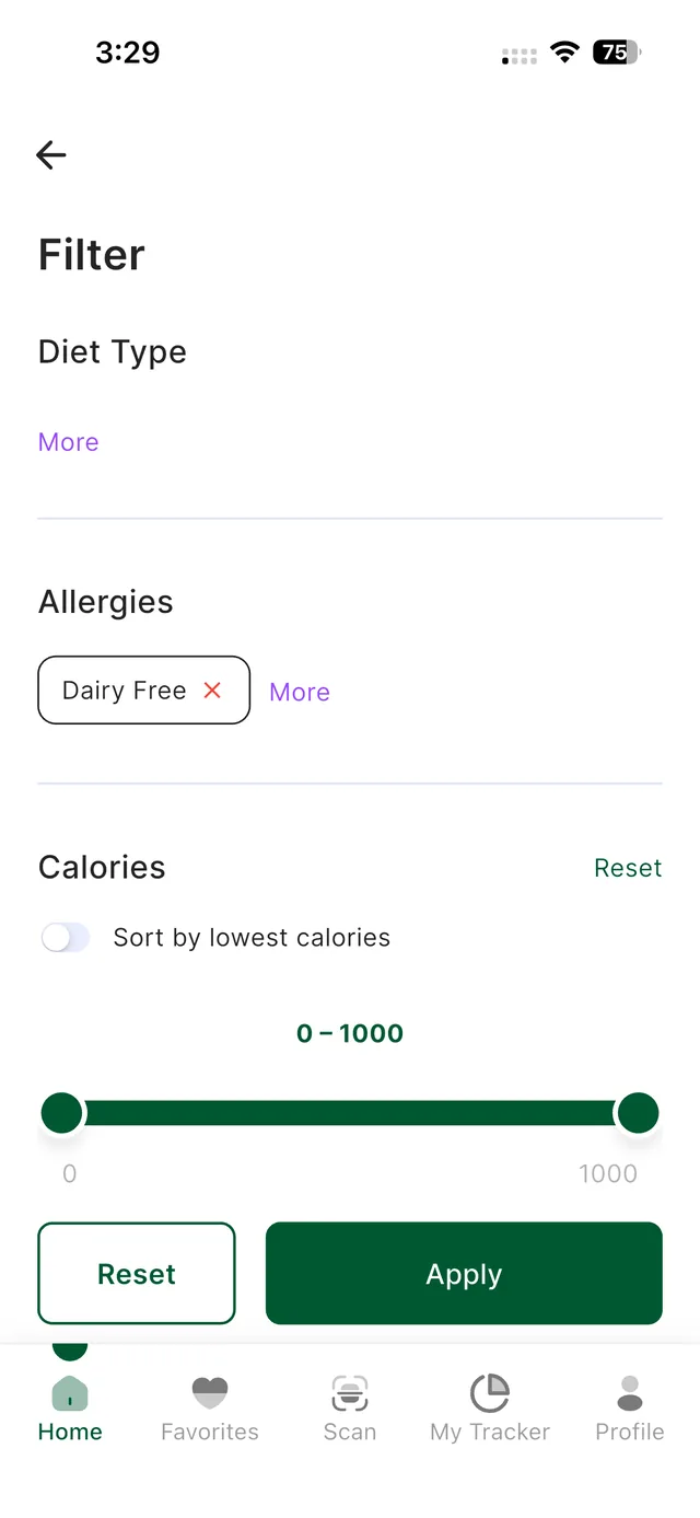 Guiltless Filter screen with the Dairy Free allergy filter turned on, shown as a labeled box with an X under Allergies, above the Calories range and the Apply button.